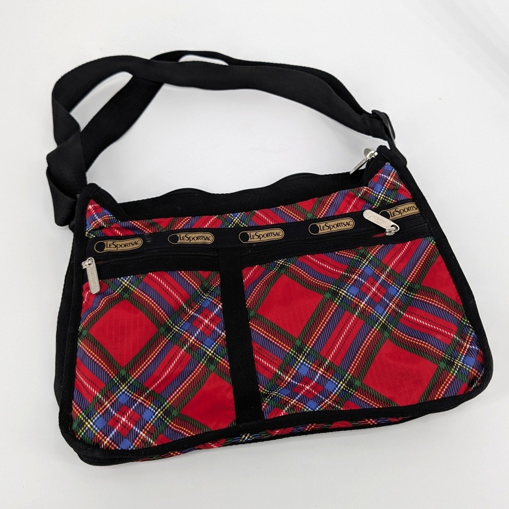 LeSportsac Deluxe Everyday Bag Red Plaid Tartan Nylon Crossbody Messenger - Picture 2 of 7